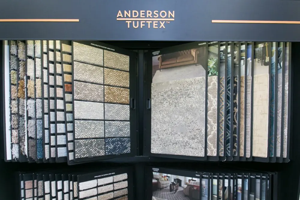 Carpet styles and samples on the Remnant City showroom floor