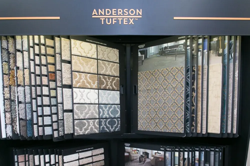 Carpet styles and samples on the Remnant City showroom floor