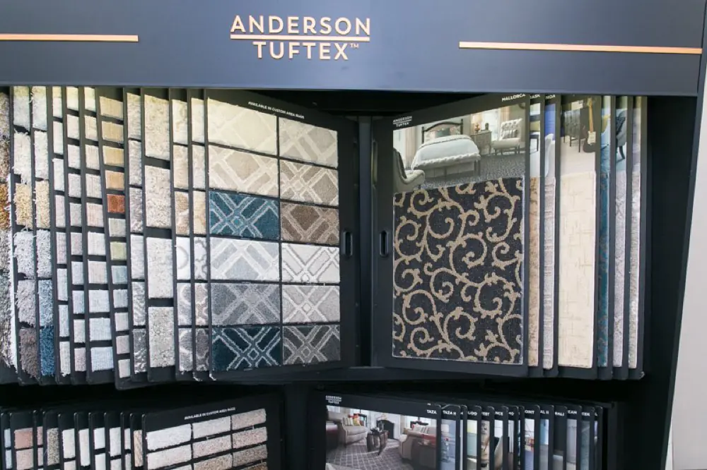 Carpet styles and samples on the Remnant City showroom floor