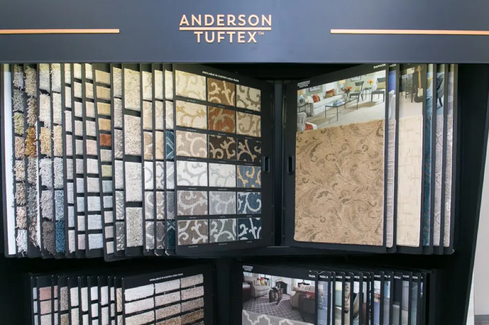 Carpet styles and samples on the Remnant City showroom floor